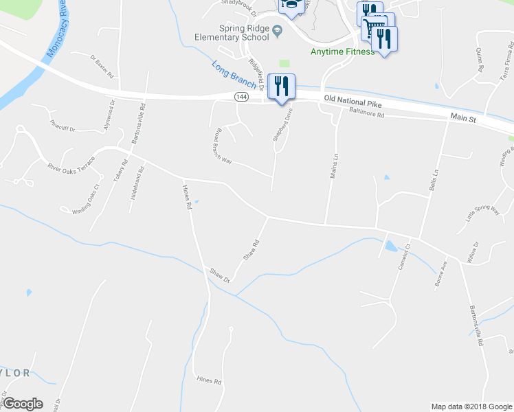 map of restaurants, bars, coffee shops, grocery stores, and more near 5909 Bartonsville Road in Frederick