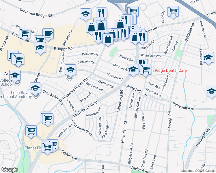 map of restaurants, bars, coffee shops, grocery stores, and more near 1671 Thetford Road in Towson