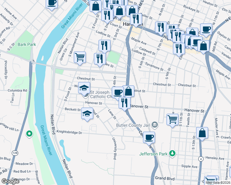 map of restaurants, bars, coffee shops, grocery stores, and more near 814 South 4th Street in Hamilton