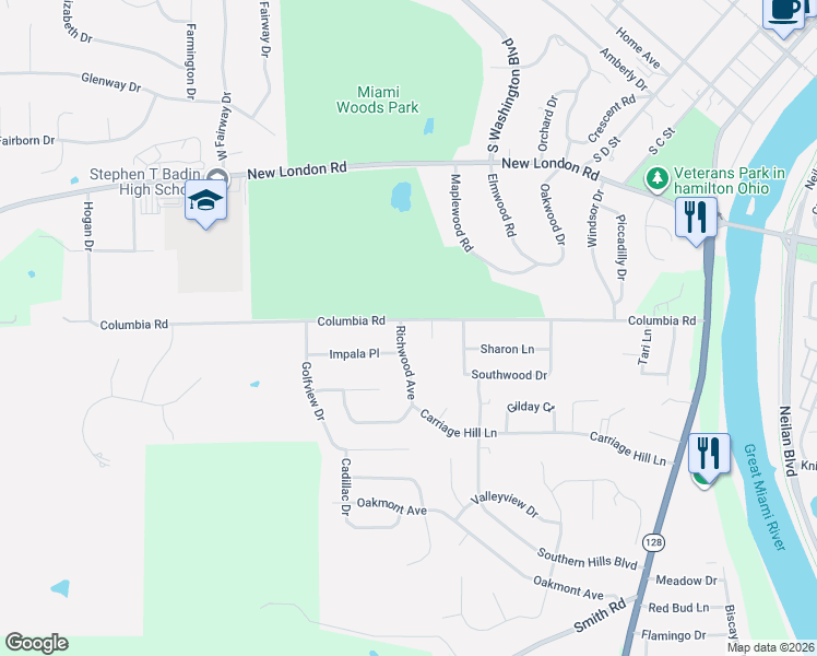 map of restaurants, bars, coffee shops, grocery stores, and more near 699 Columbia Road in Hamilton