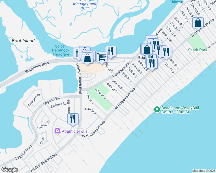 map of restaurants, bars, coffee shops, grocery stores, and more near 4100 Bayshore Avenue in Brigantine