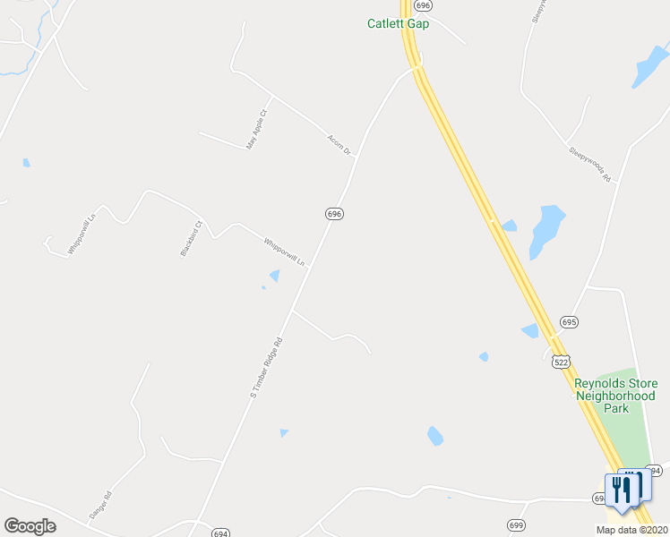 map of restaurants, bars, coffee shops, grocery stores, and more near 1700 South Timber Ridge Road in Cross Junction