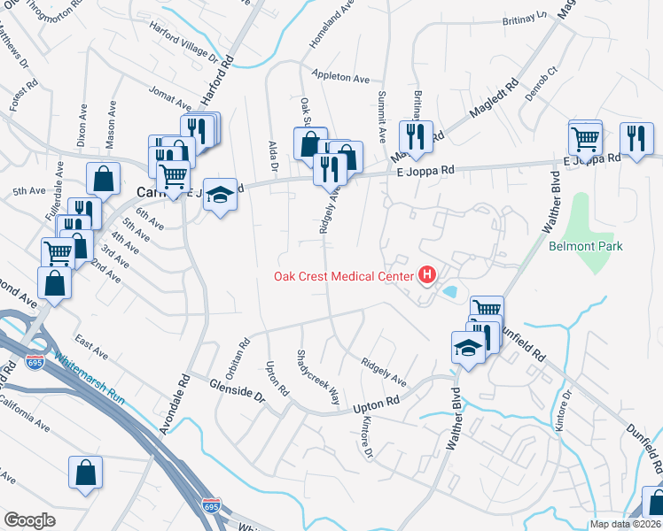 map of restaurants, bars, coffee shops, grocery stores, and more near 9425 Ridgely Avenue in Parkville