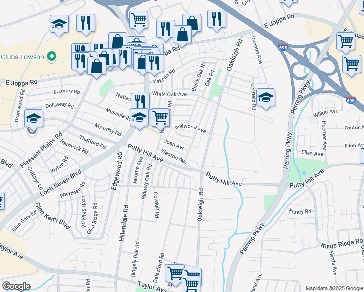 map of restaurants, bars, coffee shops, grocery stores, and more near 1784 Joan Avenue in Parkville