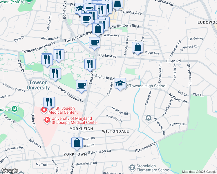 map of restaurants, bars, coffee shops, grocery stores, and more near 74 Cedar Avenue in Towson