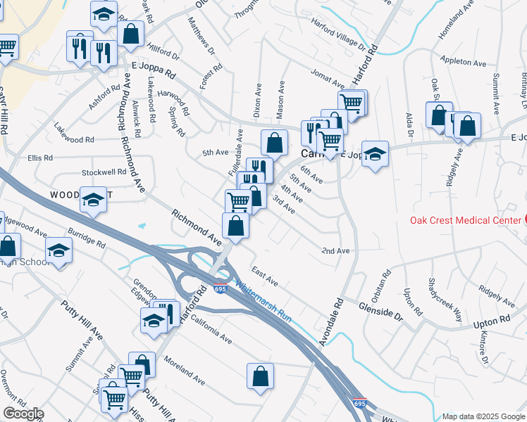 map of restaurants, bars, coffee shops, grocery stores, and more near 9307 Harford Road in Parkville