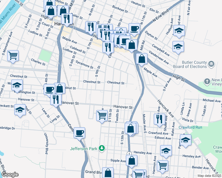 map of restaurants, bars, coffee shops, grocery stores, and more near 421 South 11th Street in Hamilton