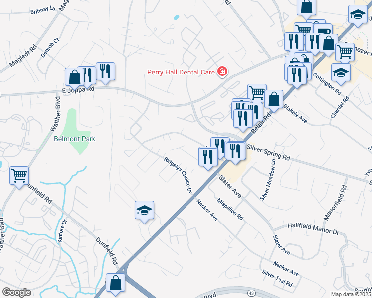 map of restaurants, bars, coffee shops, grocery stores, and more near 4108 Slater Avenue in Perry Hall