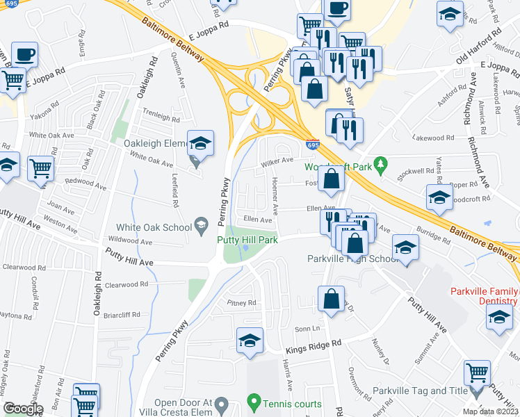 map of restaurants, bars, coffee shops, grocery stores, and more near 8601 Ellen Court in Parkville
