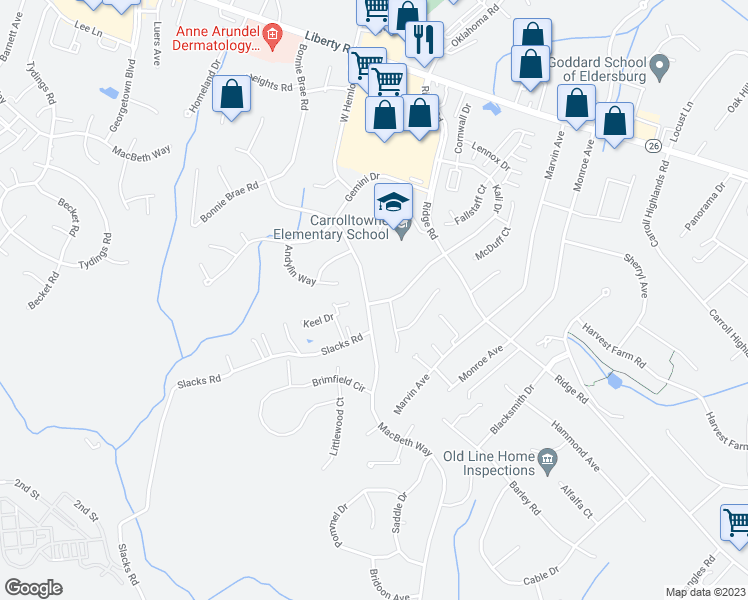 map of restaurants, bars, coffee shops, grocery stores, and more near 6577 Macbeth Way in Sykesville