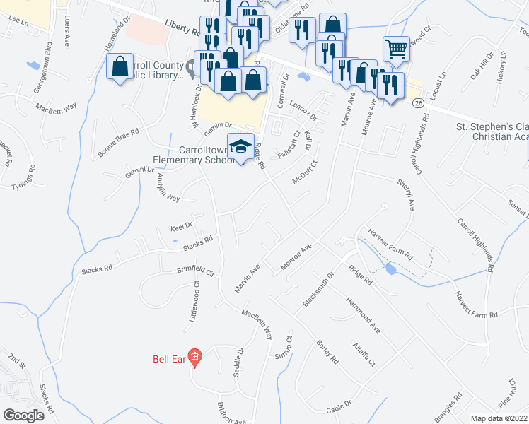 map of restaurants, bars, coffee shops, grocery stores, and more near 6670 Mid Summer Night Court in Sykesville