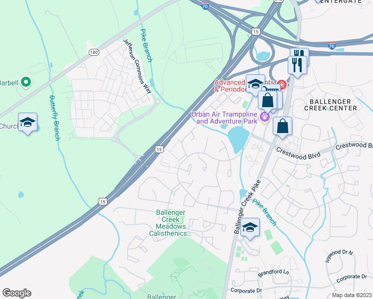 map of restaurants, bars, coffee shops, grocery stores, and more near 5804 Mercantile Drive West in Frederick