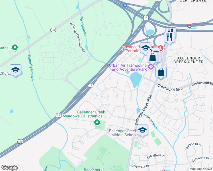 map of restaurants, bars, coffee shops, grocery stores, and more near 5804 Mercantile Drive West in Frederick