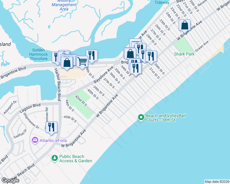 map of restaurants, bars, coffee shops, grocery stores, and more near 3707 West Brigantine Avenue in Brigantine