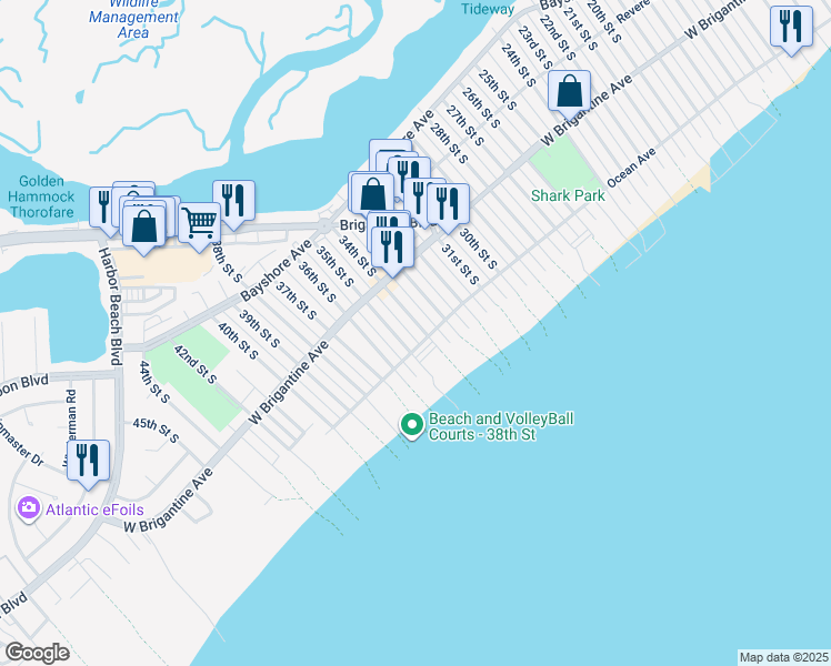 map of restaurants, bars, coffee shops, grocery stores, and more near 349 35th Street South in Brigantine
