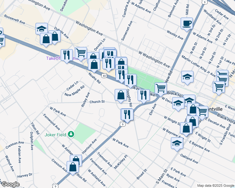 map of restaurants, bars, coffee shops, grocery stores, and more near 610 Noahs Road in Pleasantville