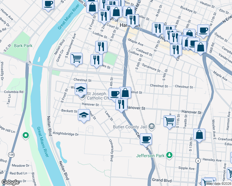 map of restaurants, bars, coffee shops, grocery stores, and more near 814 South 4th Street in Hamilton