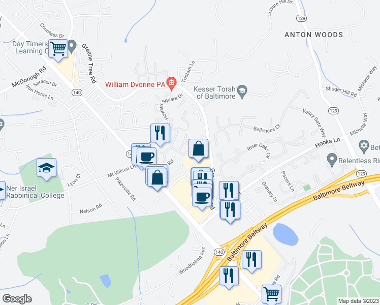 map of restaurants, bars, coffee shops, grocery stores, and more near 8806 Howard Forest Lane in Pikesville