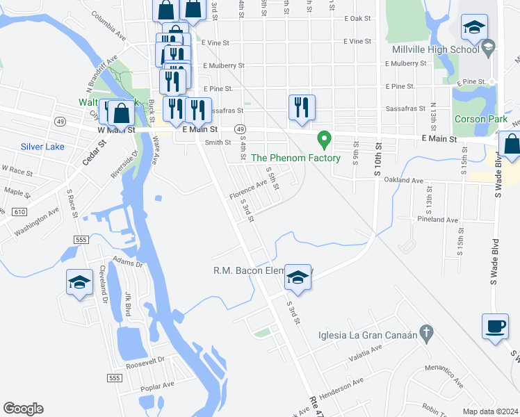 map of restaurants, bars, coffee shops, grocery stores, and more near 334 South 4th Street in Millville