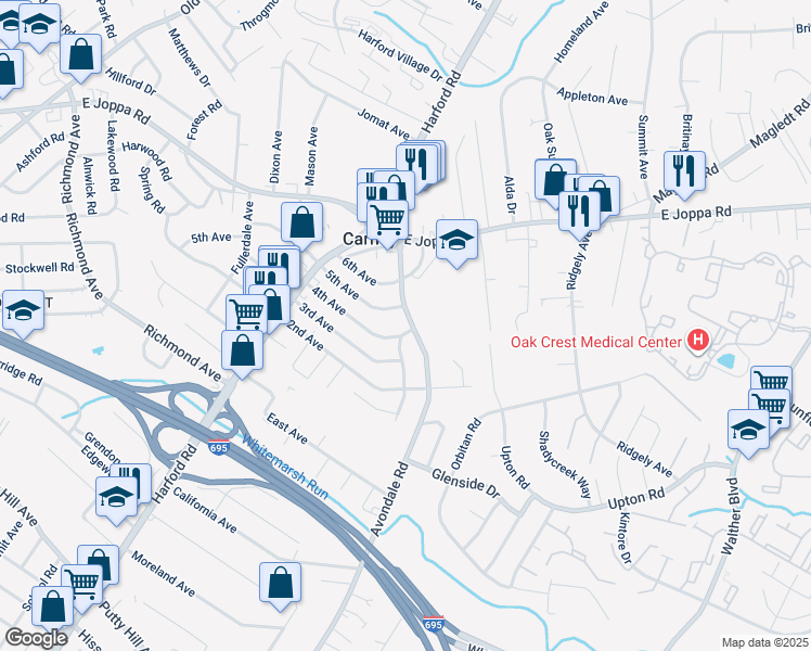 map of restaurants, bars, coffee shops, grocery stores, and more near 9500 Avondale Road in Parkville
