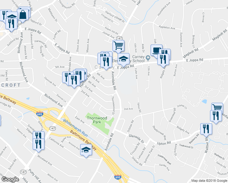 map of restaurants, bars, coffee shops, grocery stores, and more near 9500 Avondale Road in Parkville