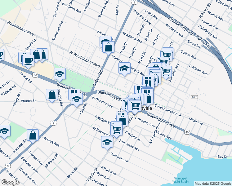 map of restaurants, bars, coffee shops, grocery stores, and more near 210 West Black Horse Pike in Pleasantville