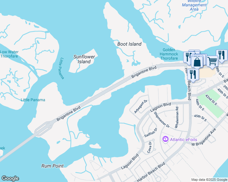 map of restaurants, bars, coffee shops, grocery stores, and more near 4436 Atlantic Brigantine Boulevard in Brigantine