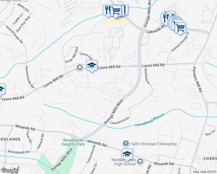 map of restaurants, bars, coffee shops, grocery stores, and more near 9449 Virginia Jane Way in Owings Mills