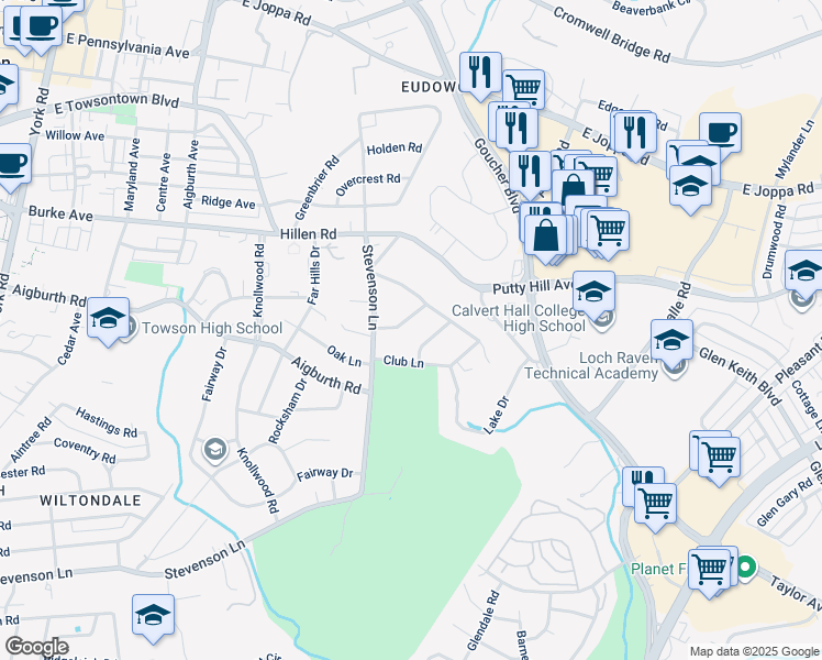 map of restaurants, bars, coffee shops, grocery stores, and more near 503 Forest Lane in Towson