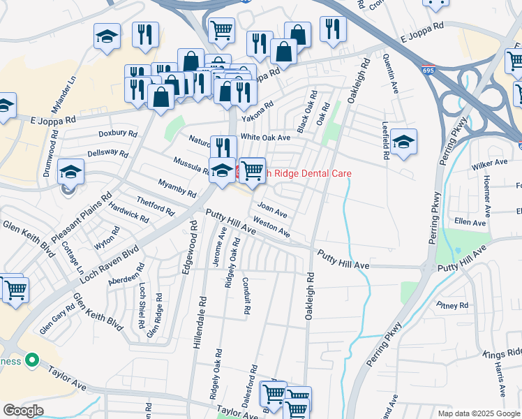 map of restaurants, bars, coffee shops, grocery stores, and more near 1747 Joan Avenue in Parkville