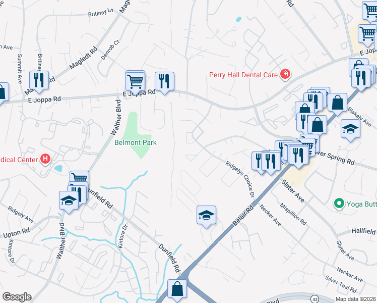 map of restaurants, bars, coffee shops, grocery stores, and more near 26 Gilland Court in Perry Hall