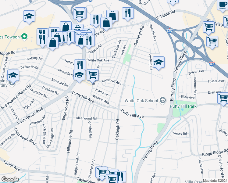 map of restaurants, bars, coffee shops, grocery stores, and more near 8429 Water Oak Road in Parkville