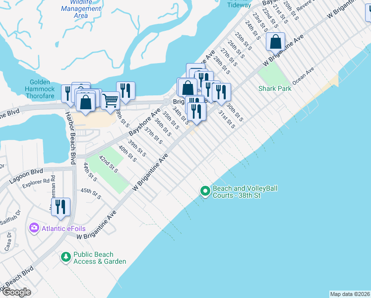 map of restaurants, bars, coffee shops, grocery stores, and more near 322 36th Street South in Brigantine