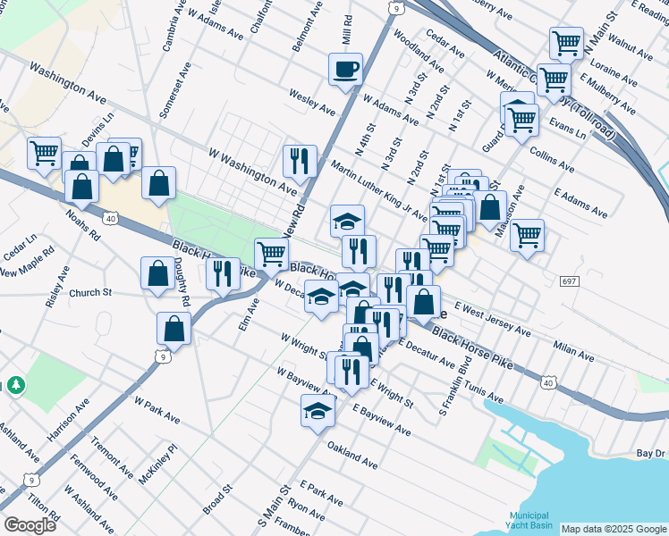 map of restaurants, bars, coffee shops, grocery stores, and more near 210 West Black Horse Pike in Pleasantville