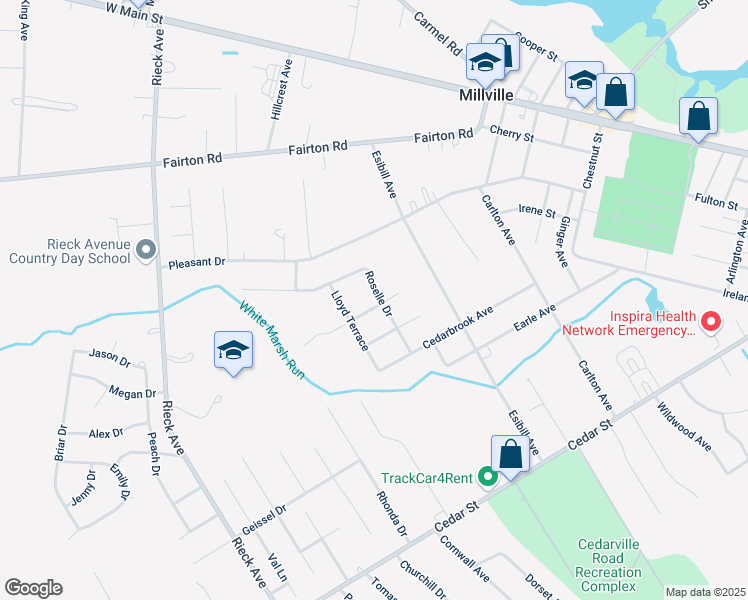 map of restaurants, bars, coffee shops, grocery stores, and more near 1300 Helen Drive in Millville