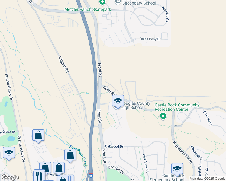 map of restaurants, bars, coffee shops, grocery stores, and more near 499 Scott Boulevard in Castle Rock