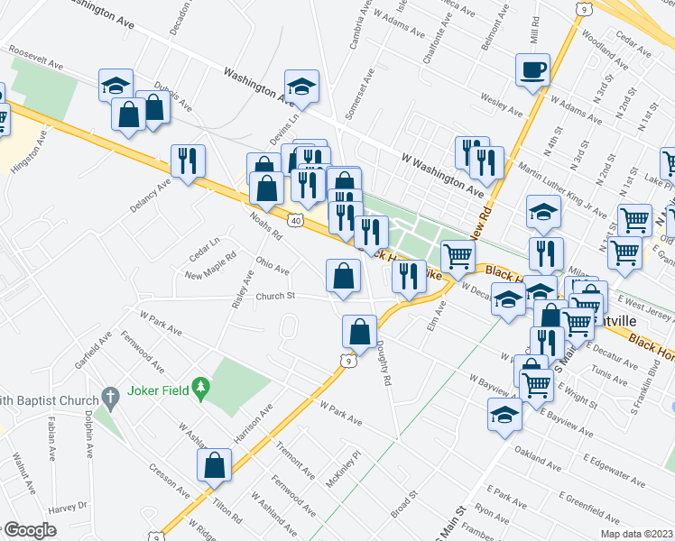 map of restaurants, bars, coffee shops, grocery stores, and more near 610 Noahs Road in Pleasantville