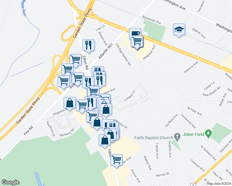 map of restaurants, bars, coffee shops, grocery stores, and more near 3022 Hingston Avenue in Egg Harbor Township