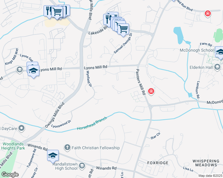map of restaurants, bars, coffee shops, grocery stores, and more near 9351 Owings Choice Court in Owings Mills