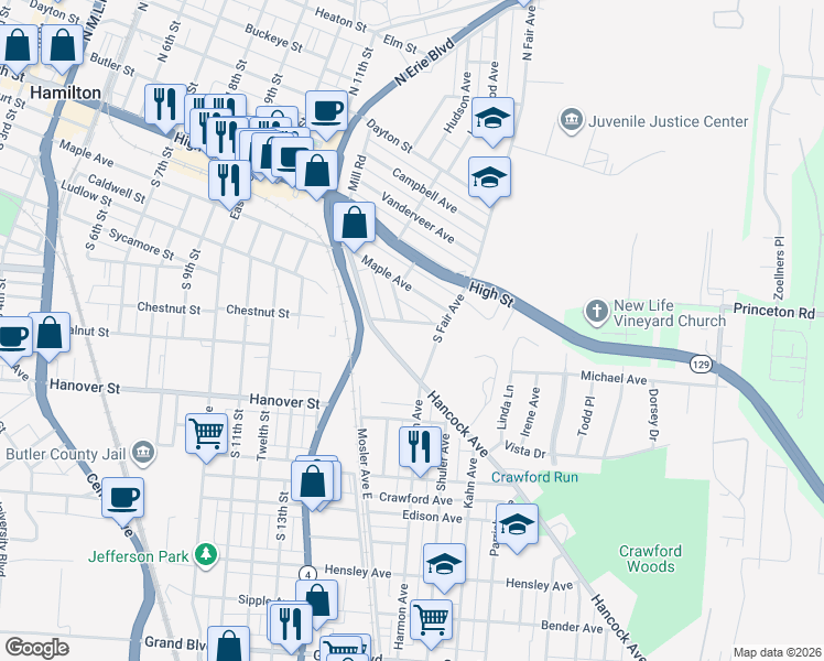 map of restaurants, bars, coffee shops, grocery stores, and more near 216 Hancock Avenue in Hamilton
