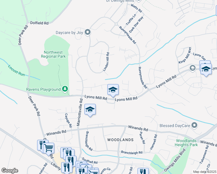 map of restaurants, bars, coffee shops, grocery stores, and more near 9803 Bridle Brook Drive in Owings Mills