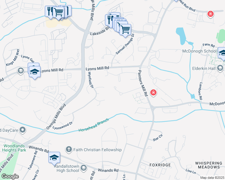 map of restaurants, bars, coffee shops, grocery stores, and more near 9351 Owings Choice Court in Owings Mills