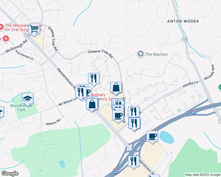 map of restaurants, bars, coffee shops, grocery stores, and more near 8806 Howard Forest Lane in Pikesville