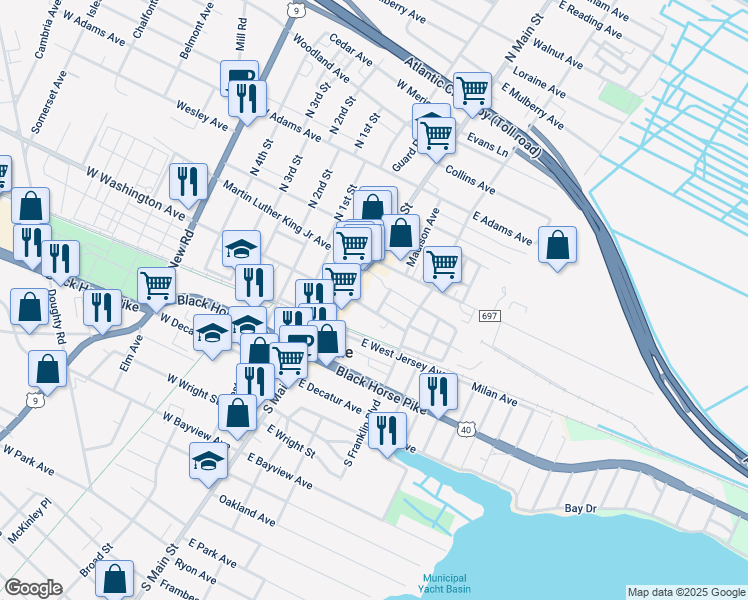 map of restaurants, bars, coffee shops, grocery stores, and more near 24 East Washington Avenue in Pleasantville
