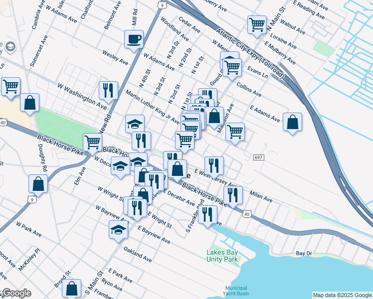 map of restaurants, bars, coffee shops, grocery stores, and more near 7 S Main St in Pleasantville