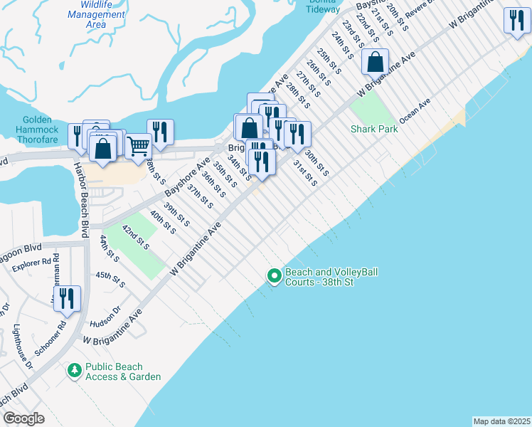 map of restaurants, bars, coffee shops, grocery stores, and more near 341 35th Street South in Brigantine