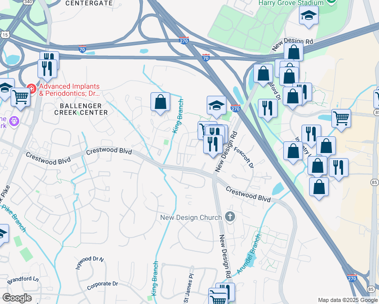 map of restaurants, bars, coffee shops, grocery stores, and more near 5720 Sugar Maple Court in Frederick