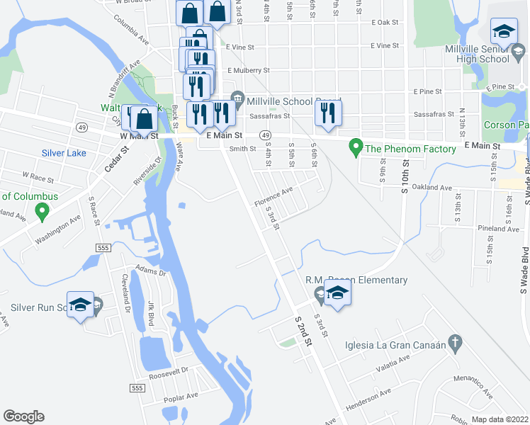 map of restaurants, bars, coffee shops, grocery stores, and more near 318 South 3rd Street in Millville