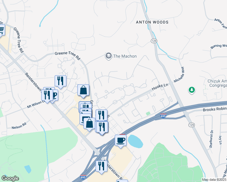 map of restaurants, bars, coffee shops, grocery stores, and more near 46 River Oaks Circle in Pikesville