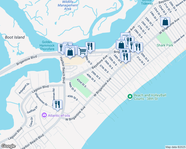 map of restaurants, bars, coffee shops, grocery stores, and more near 245 40th Street South in Brigantine